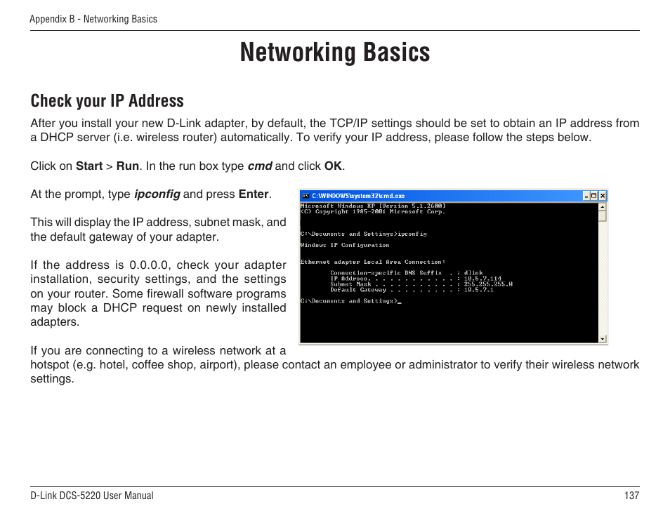 Networking basics, Check your ip address | D-Link DCS-5220 User Manual | Page 137 / 140