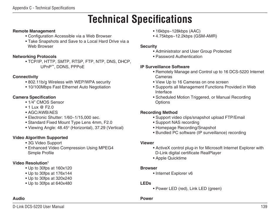 Technical specifications | D-Link DCS-5220 User Manual | Page 139 / 140