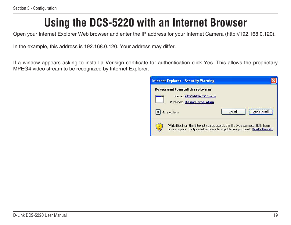 Using the dcs-5220 with an internet browser | D-Link DCS-5220 User Manual | Page 19 / 140