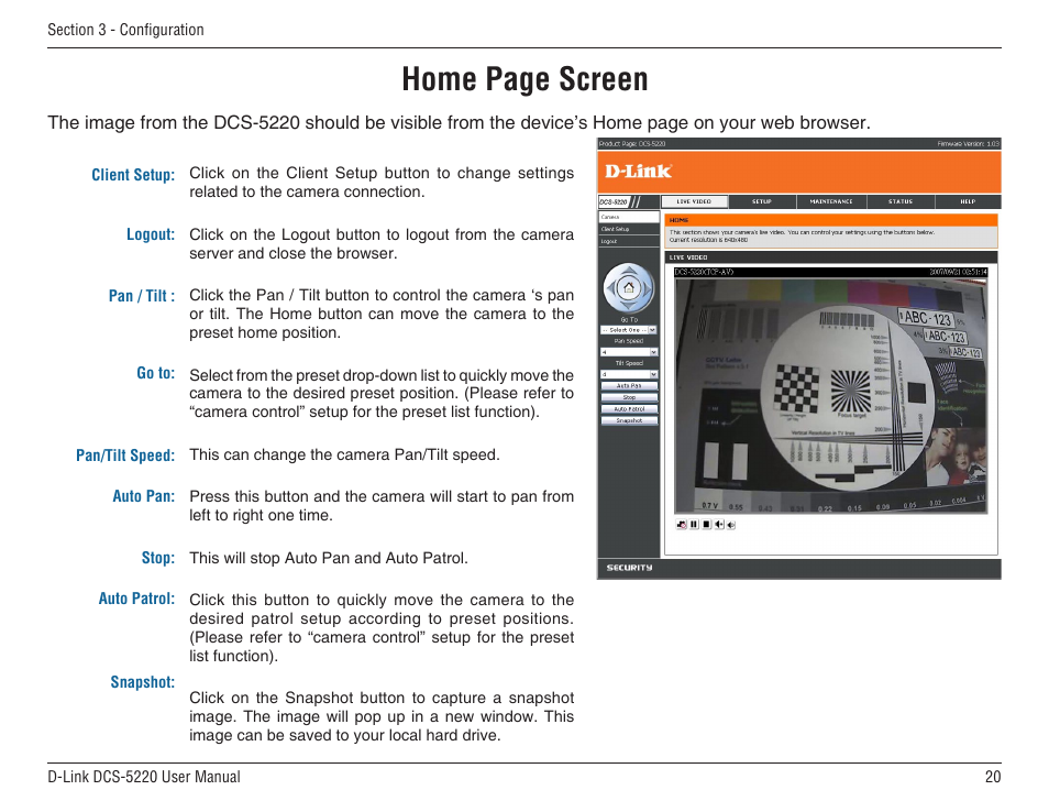 Home page screen | D-Link DCS-5220 User Manual | Page 20 / 140
