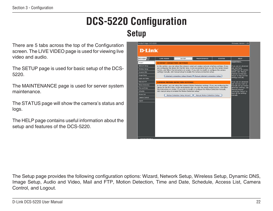 Dcs-5220 configuration, Setup | D-Link DCS-5220 User Manual | Page 22 / 140