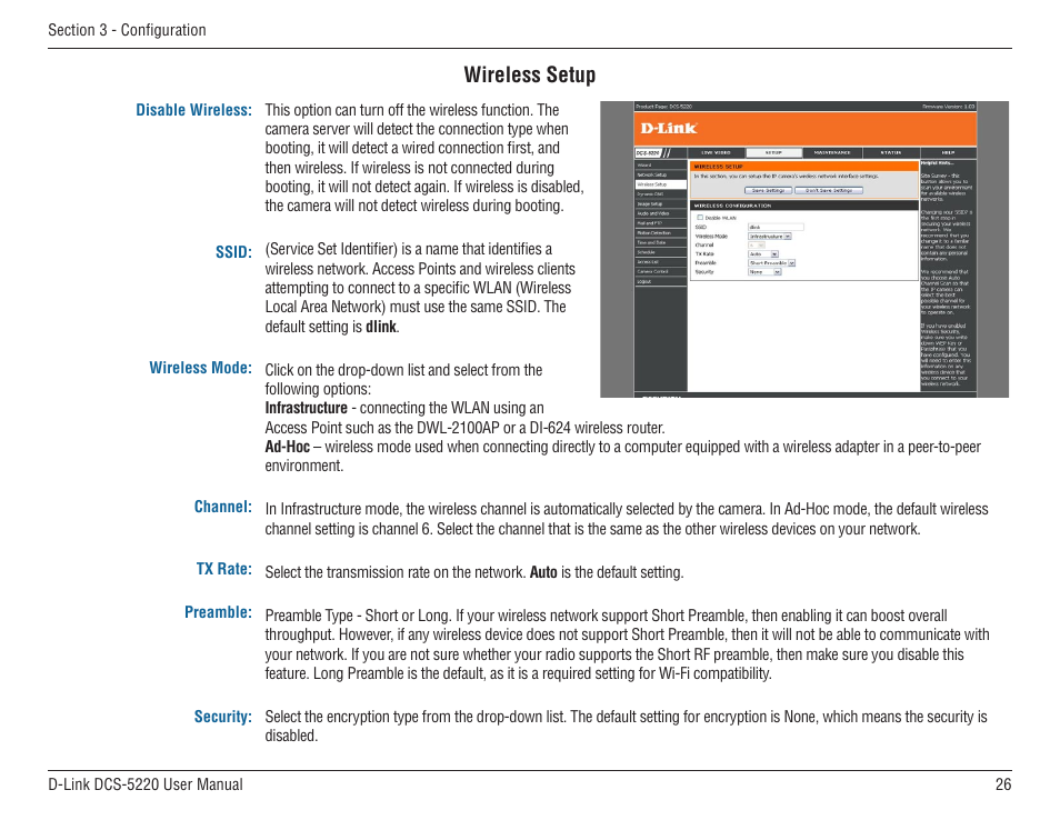 Wireless setup | D-Link DCS-5220 User Manual | Page 26 / 140