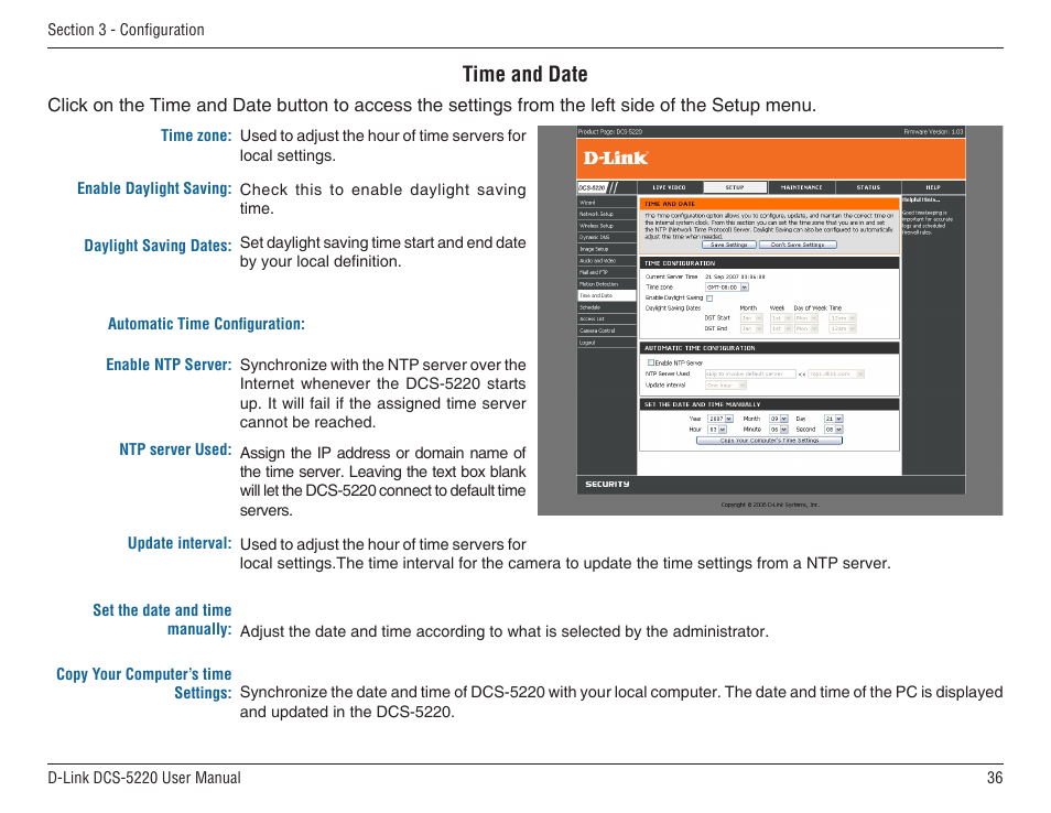 Time and date | D-Link DCS-5220 User Manual | Page 36 / 140