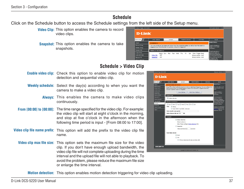 Schedule, Schedule > video clip | D-Link DCS-5220 User Manual | Page 37 / 140