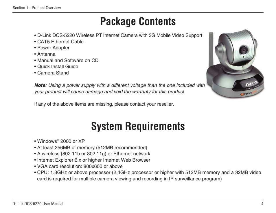 System requirements, Product overview package contents | D-Link DCS-5220 User Manual | Page 4 / 140