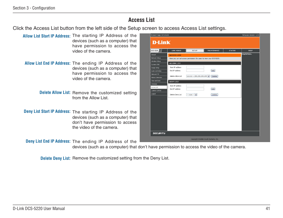 Access list | D-Link DCS-5220 User Manual | Page 41 / 140