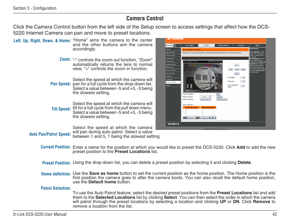Camera control | D-Link DCS-5220 User Manual | Page 42 / 140