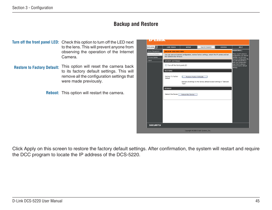 Backup and restore | D-Link DCS-5220 User Manual | Page 45 / 140