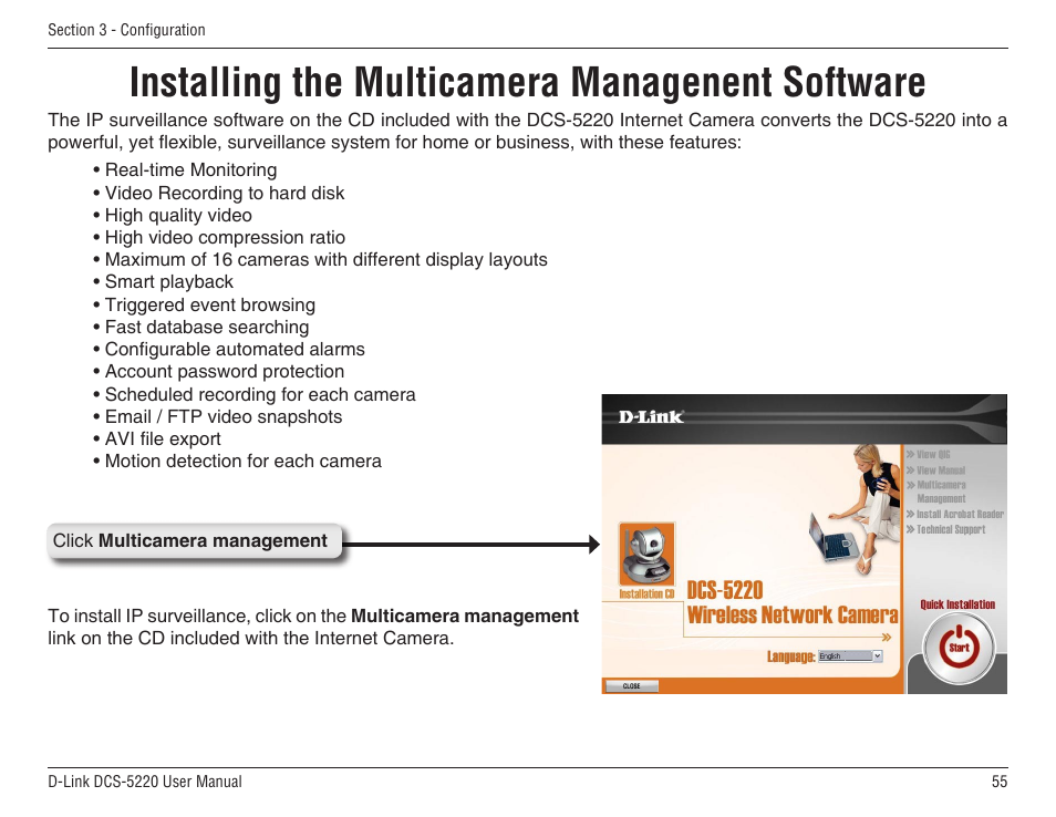 Installing the multicamera managenent software | D-Link DCS-5220 User Manual | Page 55 / 140