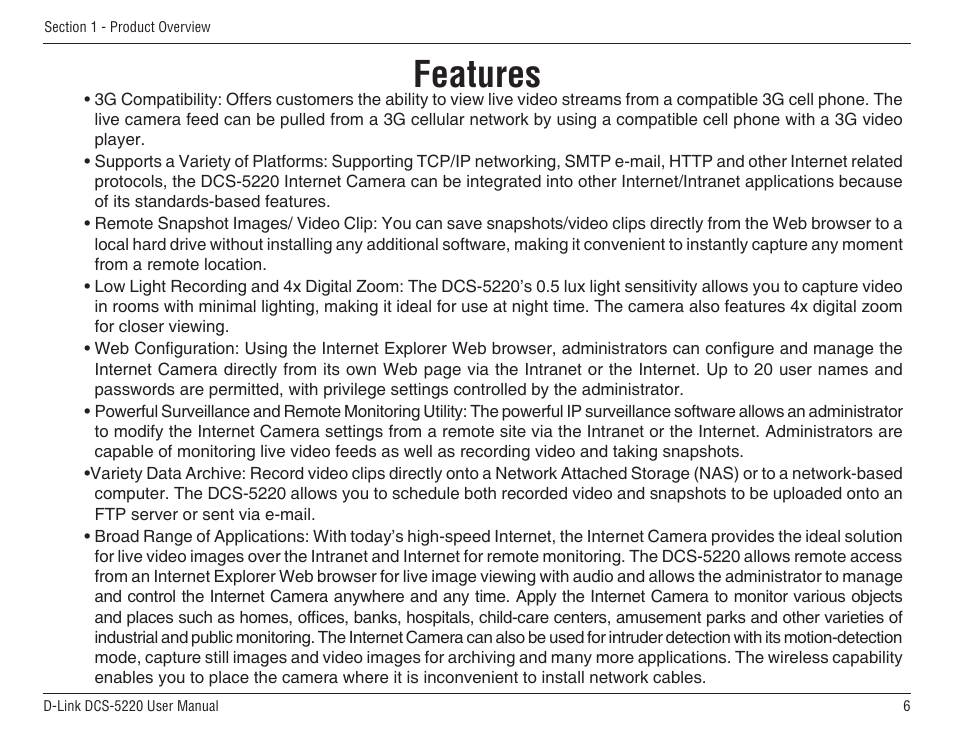 Features | D-Link DCS-5220 User Manual | Page 6 / 140