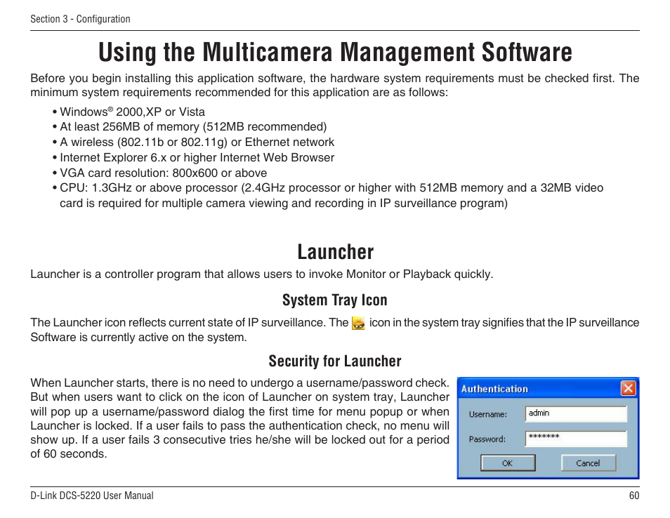 Using the multicamera management software, Launcher, System tray icon | Security for launcher | D-Link DCS-5220 User Manual | Page 60 / 140