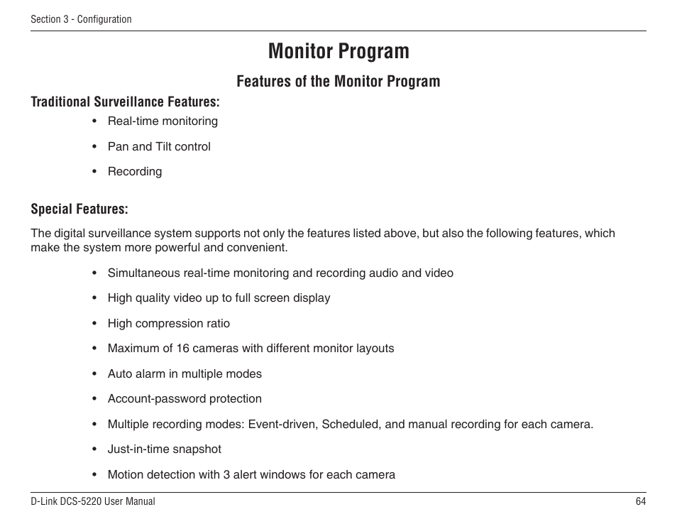 Monitor program, Features of the monitor program | D-Link DCS-5220 User Manual | Page 64 / 140