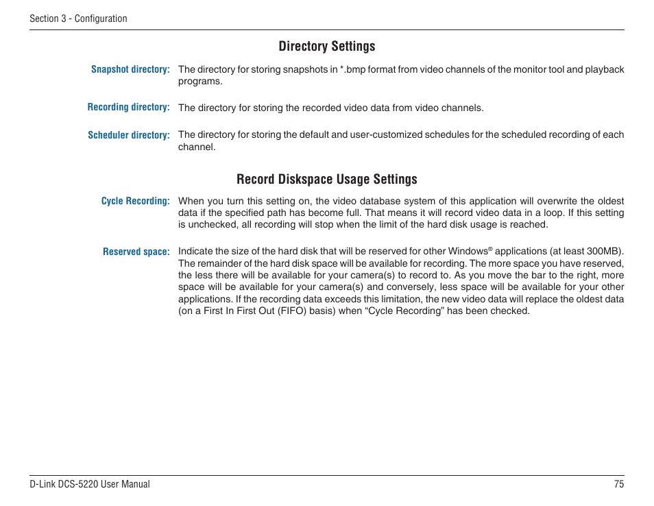 Directory settings, Record diskspace usage settings | D-Link DCS-5220 User Manual | Page 75 / 140