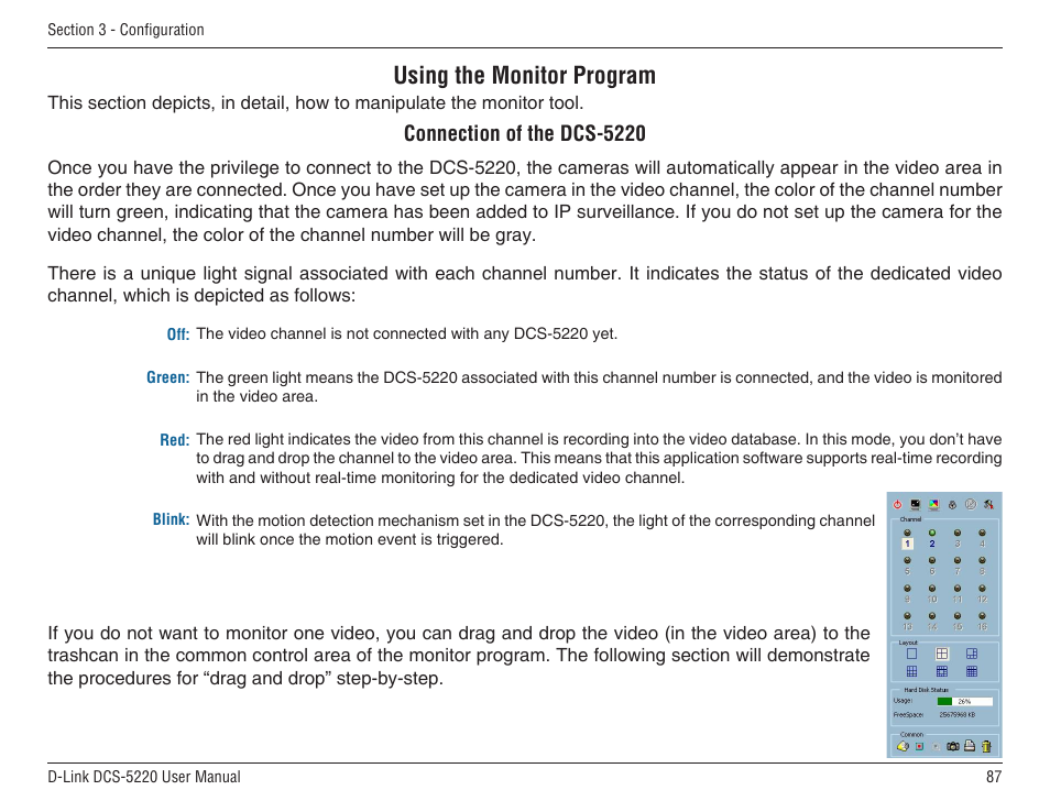 Using the monitor program, Connection of the dcs-5220 | D-Link DCS-5220 User Manual | Page 87 / 140