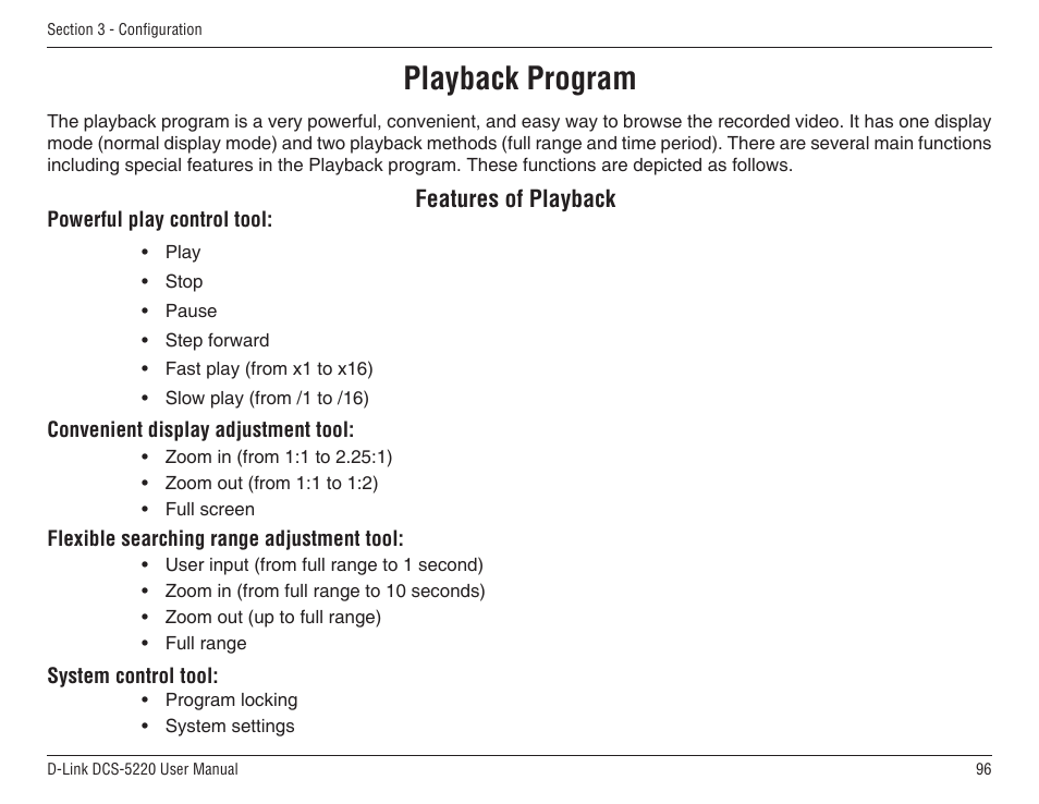 Playback program, Features of playback | D-Link DCS-5220 User Manual | Page 96 / 140