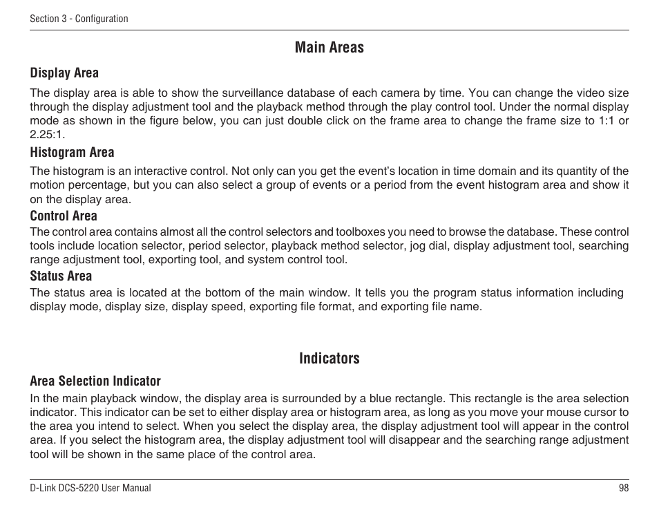 Main areas, Indicators | D-Link DCS-5220 User Manual | Page 98 / 140
