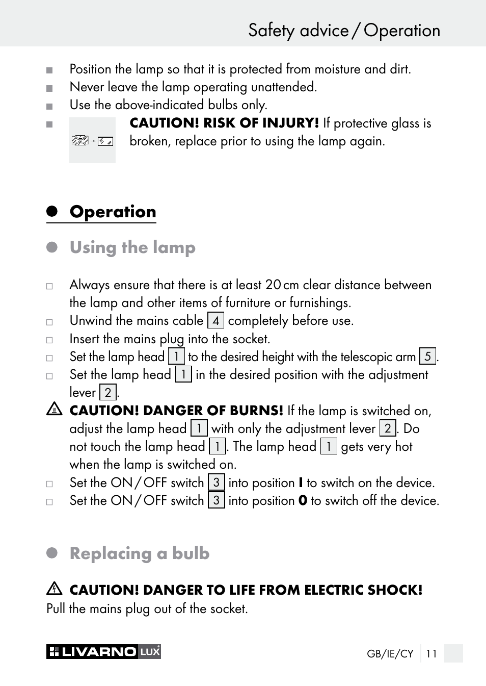 Safety advice / operation, Operation using the lamp, Replacing a bulb | Livarno 7596-01хL User Manual | Page 11 / 29