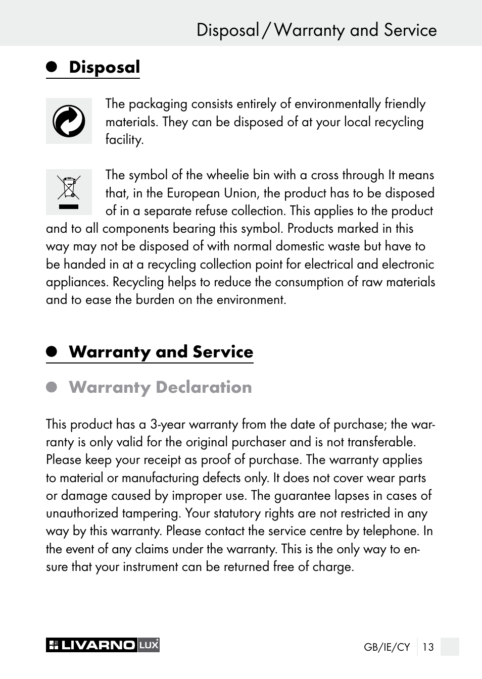 Disposal / warranty and service, Disposal, Warranty and service warranty declaration | Livarno 7596-01хL User Manual | Page 13 / 29