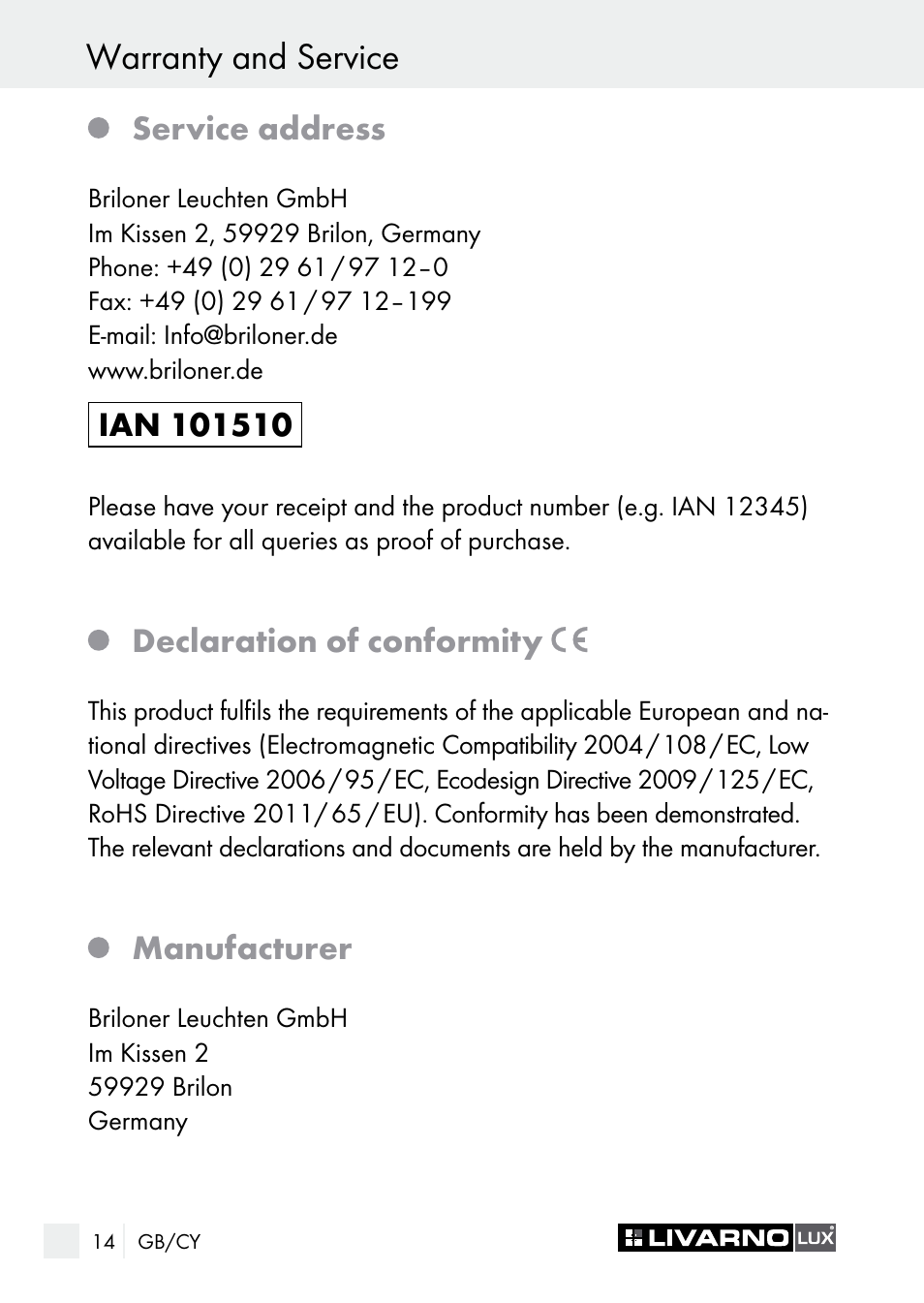 Warranty and service | Livarno 7596-01хL User Manual | Page 14 / 29