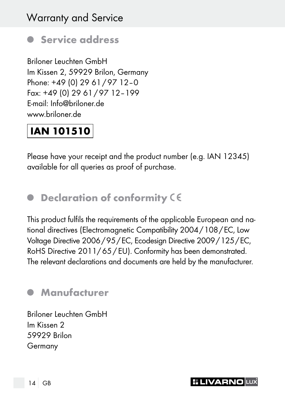 Warranty and service | Livarno 7596-01хL User Manual | Page 14 / 89