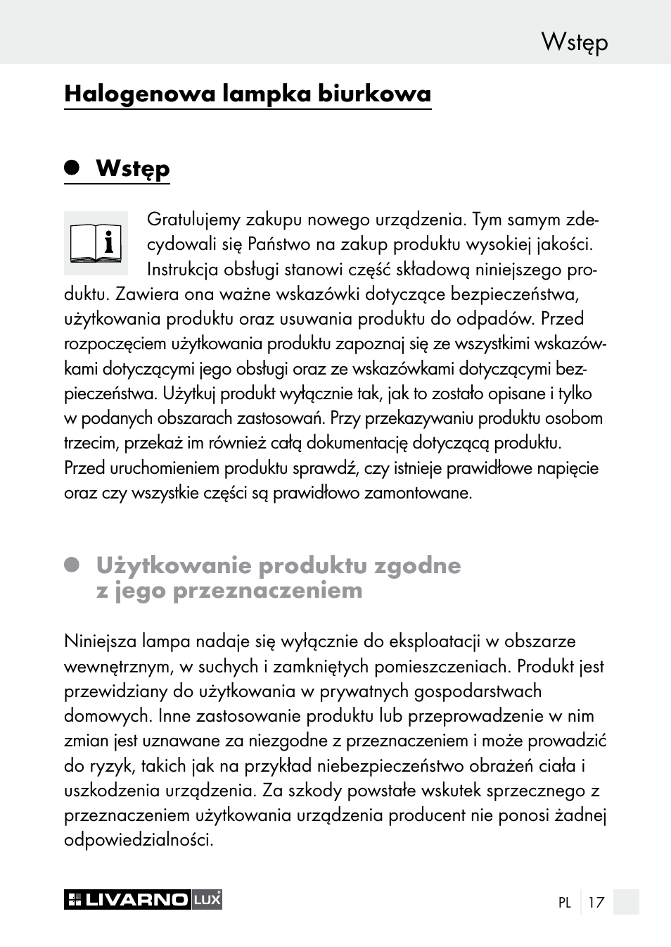 Wstęp, Halogenowa lampka biurkowa, Użytkowanie produktu zgodne z jego przeznaczeniem | Livarno 7596-01хL User Manual | Page 17 / 89