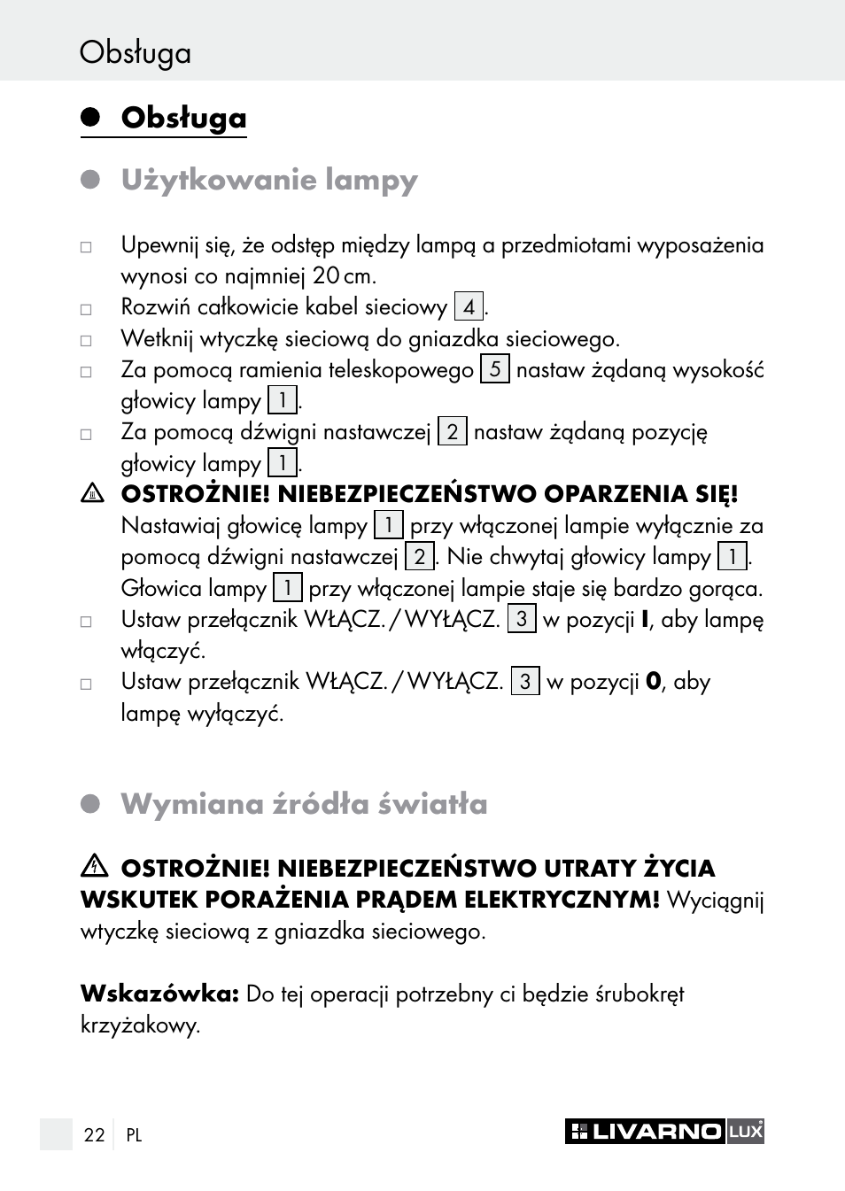 Obsługa / czyszczenie i konserwacja obsługa, Obsługa, Użytkowanie lampy | Wymiana źródła światła | Livarno 7596-01хL User Manual | Page 22 / 89