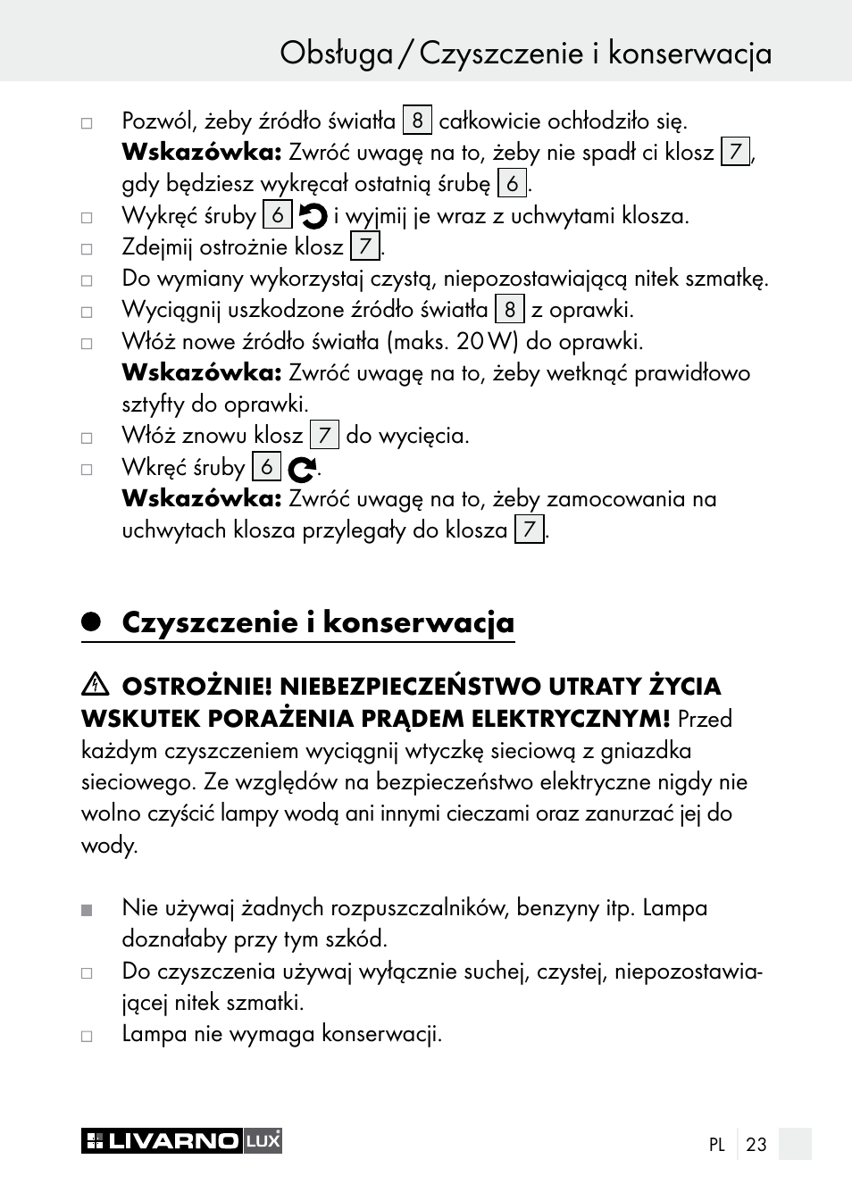 Obsługa / czyszczenie i konserwacja, Czyszczenie i konserwacja | Livarno 7596-01хL User Manual | Page 23 / 89