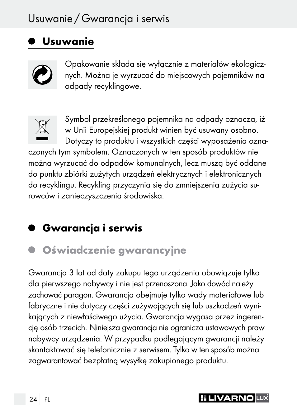 Gwarancja i serwis usuwanie / gwarancja i serwis, Usuwanie, Gwarancja i serwis oświadczenie gwarancyjne | Livarno 7596-01хL User Manual | Page 24 / 89