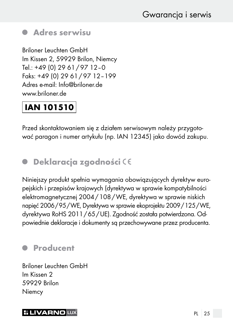 Gwarancja i serwis, Adres serwisu, Deklaracja zgodności | Producent | Livarno 7596-01хL User Manual | Page 25 / 89