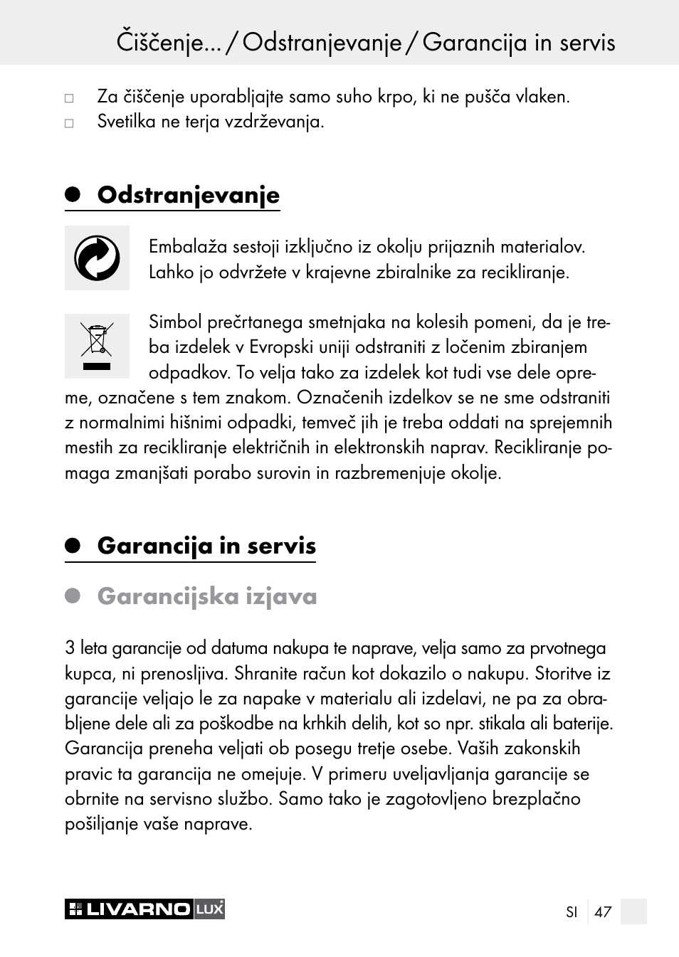 Čiščenje... / odstranjevanje / garancija in servis, Odstranjevanje, Garancija in servis garancijska izjava | Livarno 7596-01хL User Manual | Page 47 / 89