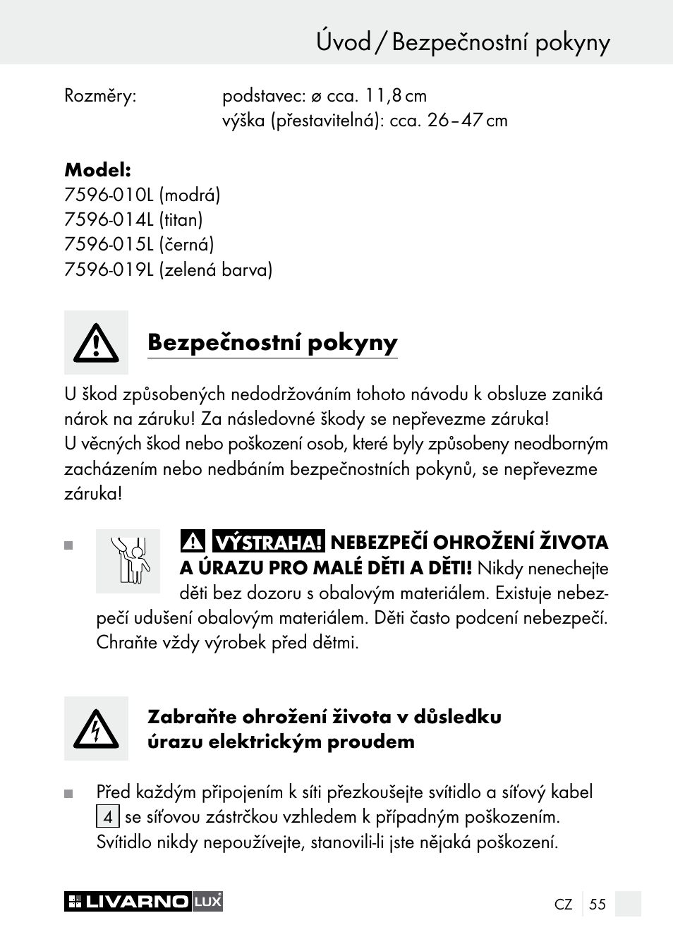 Úvod / bezpečnostní pokyny, Bezpečnostní pokyny | Livarno 7596-01хL User Manual | Page 55 / 89