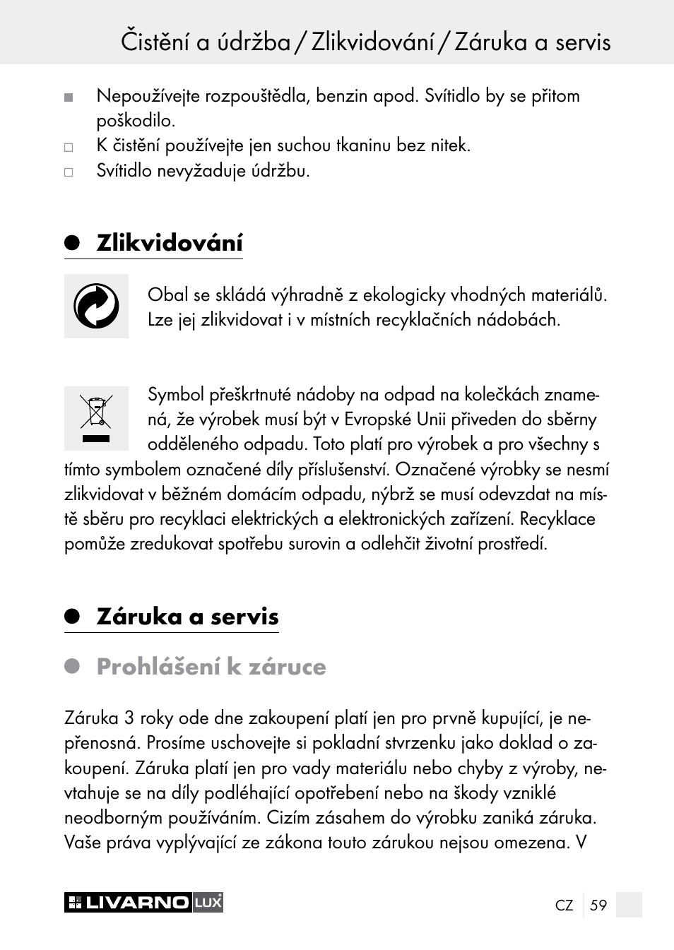 Čistění a údržba / zlikvidování / záruka a servis, Zlikvidování, Záruka a servis prohlášení k záruce | Livarno 7596-01хL User Manual | Page 59 / 89