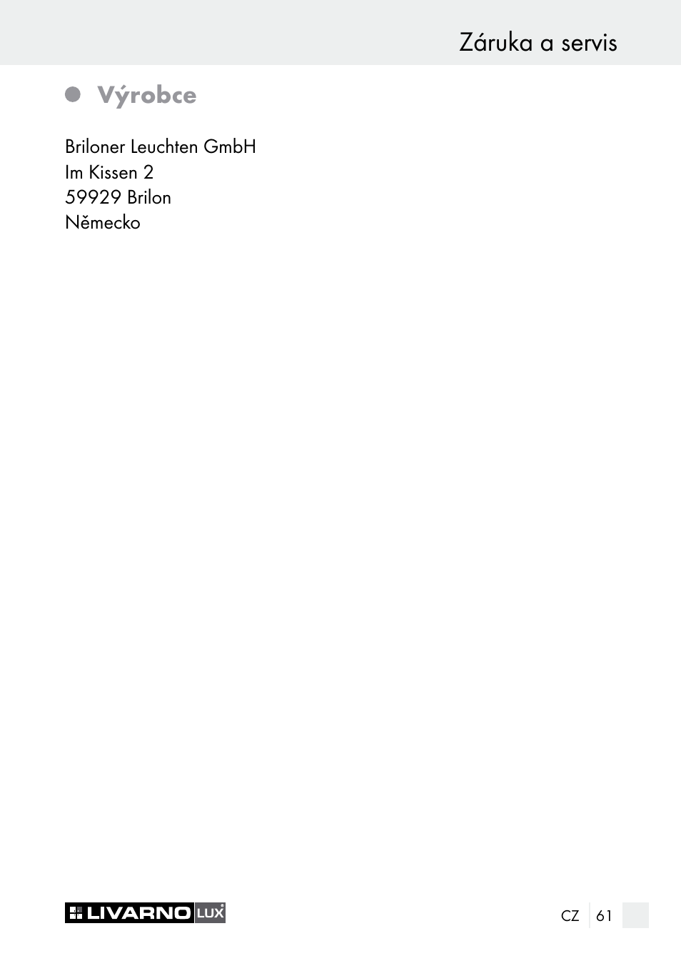 Záruka a servis, Výrobce | Livarno 7596-01хL User Manual | Page 61 / 89