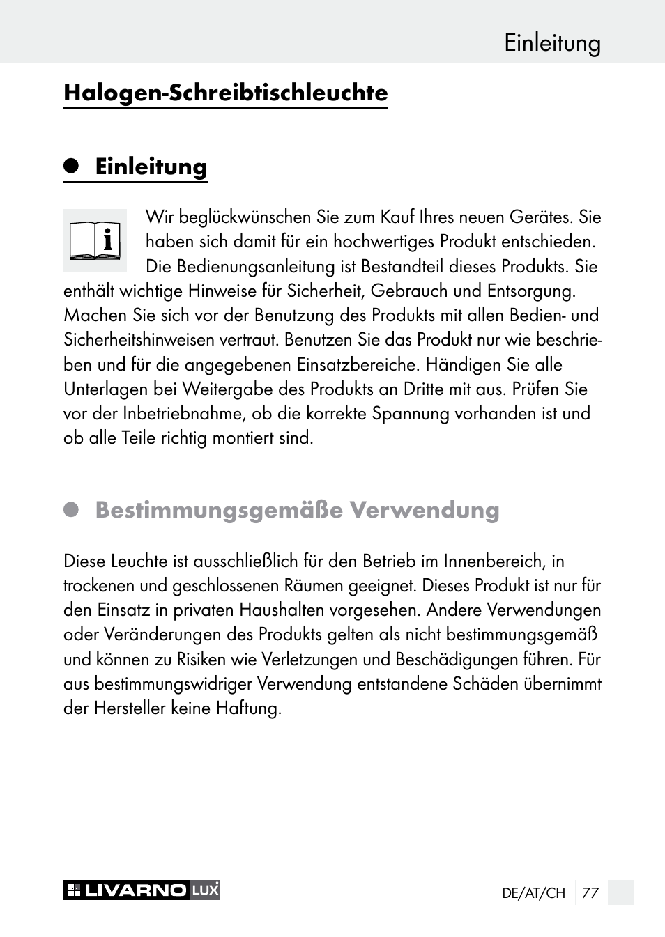 Einleitung, Halogen-schreibtischleuchte einleitung, Bestimmungsgemäße verwendung | Livarno 7596-01хL User Manual | Page 77 / 89