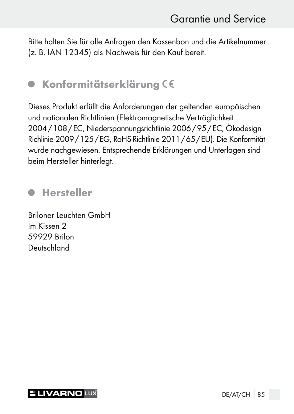 Garantie und service, Konformitätserklärung, Hersteller | Livarno 7596-01хL User Manual | Page 85 / 89