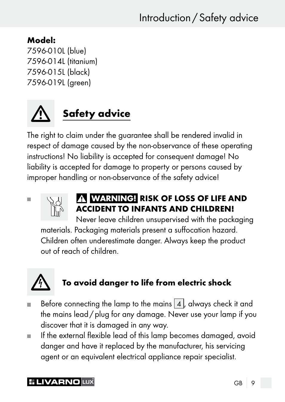 Introduction / safety advice, Safety advice | Livarno 7596-01хL User Manual | Page 9 / 89