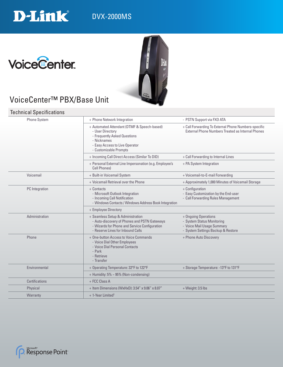 Voicecenter™ pbx/base unit, Dvx-2000ms, Technical specifications | D-Link DVX-2000MS User Manual | Page 2 / 3