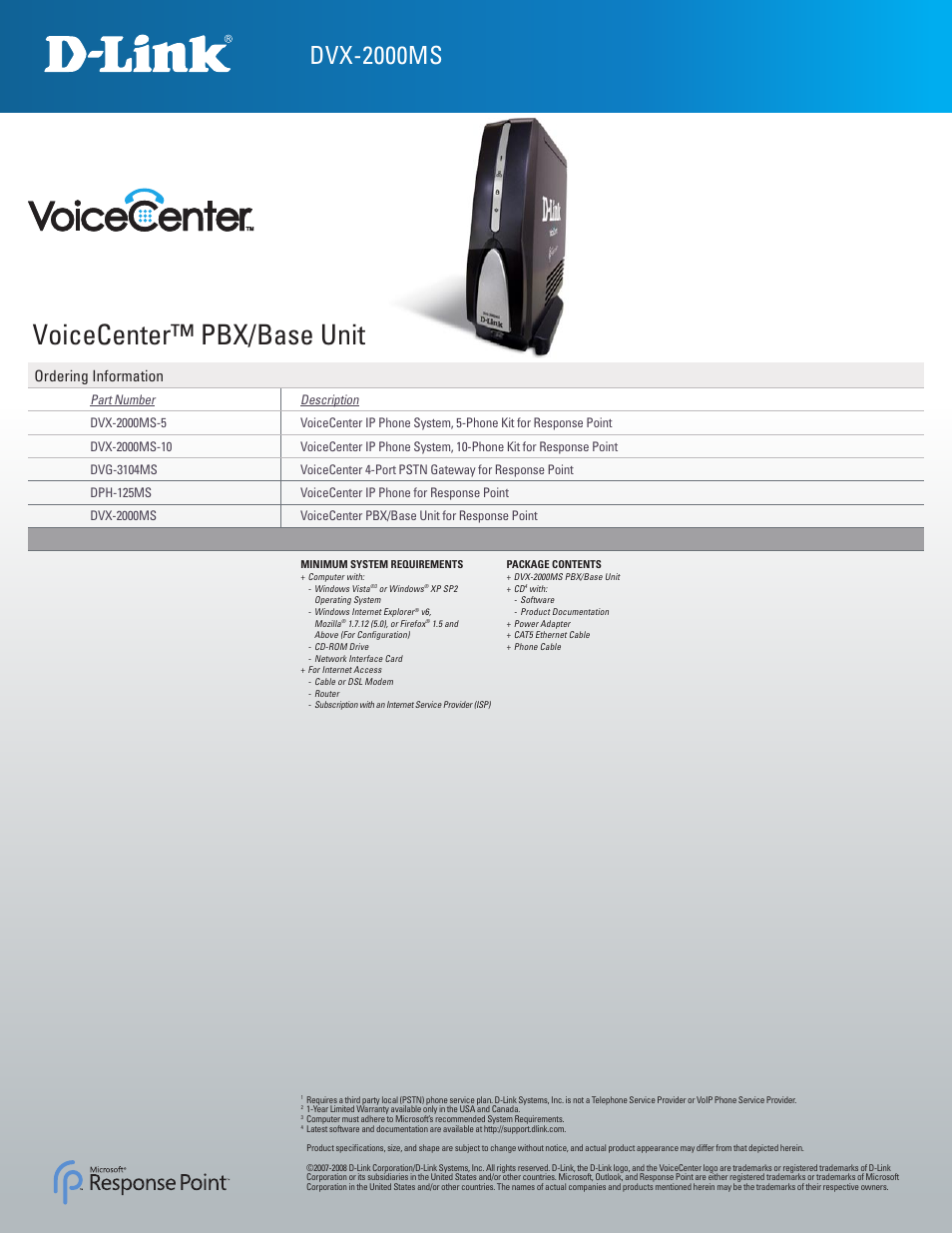 Voicecenter™ pbx/base unit, Dvx-2000ms, Ordering information | D-Link DVX-2000MS User Manual | Page 3 / 3