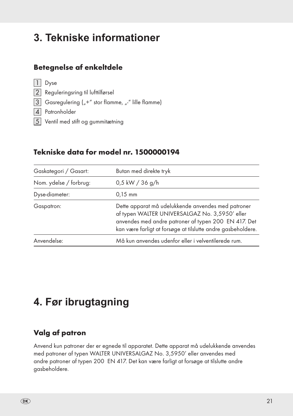 Tekniske informationer, Før ibrugtagning | Livarno 1500000194 User Manual | Page 21 / 64