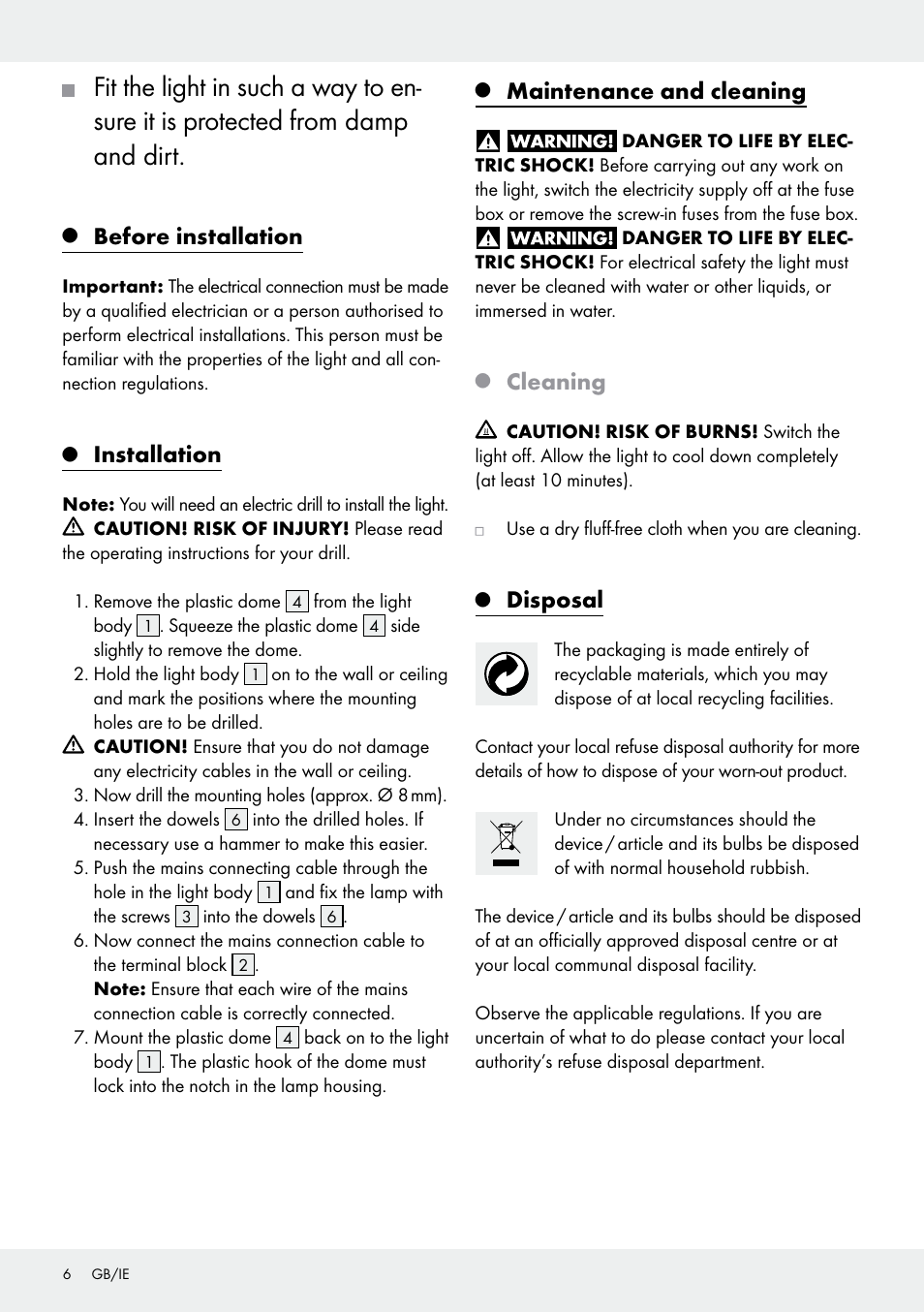 Before installation, Installation, Maintenance and cleaning | Cleaning, Disposal | Livarno 100654-14-01, 100654-14-02 User Manual | Page 6 / 34