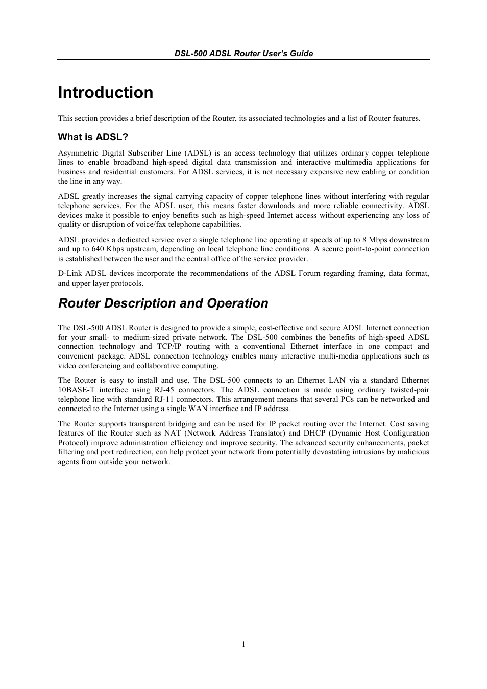 Introduction, What is adsl, Router description and operation | D-Link DSL-500 User Manual | Page 11 / 74