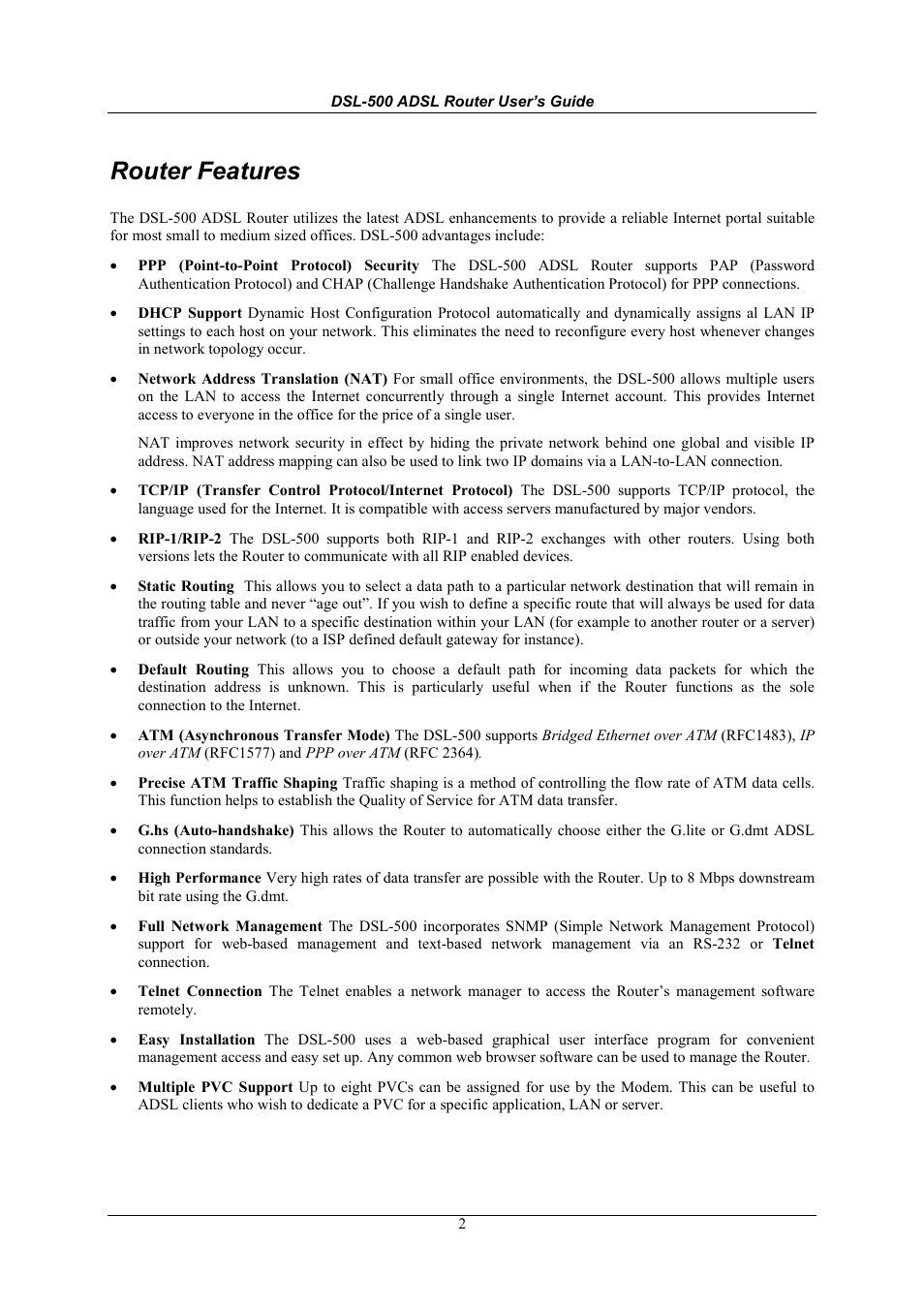 Router features | D-Link DSL-500 User Manual | Page 12 / 74
