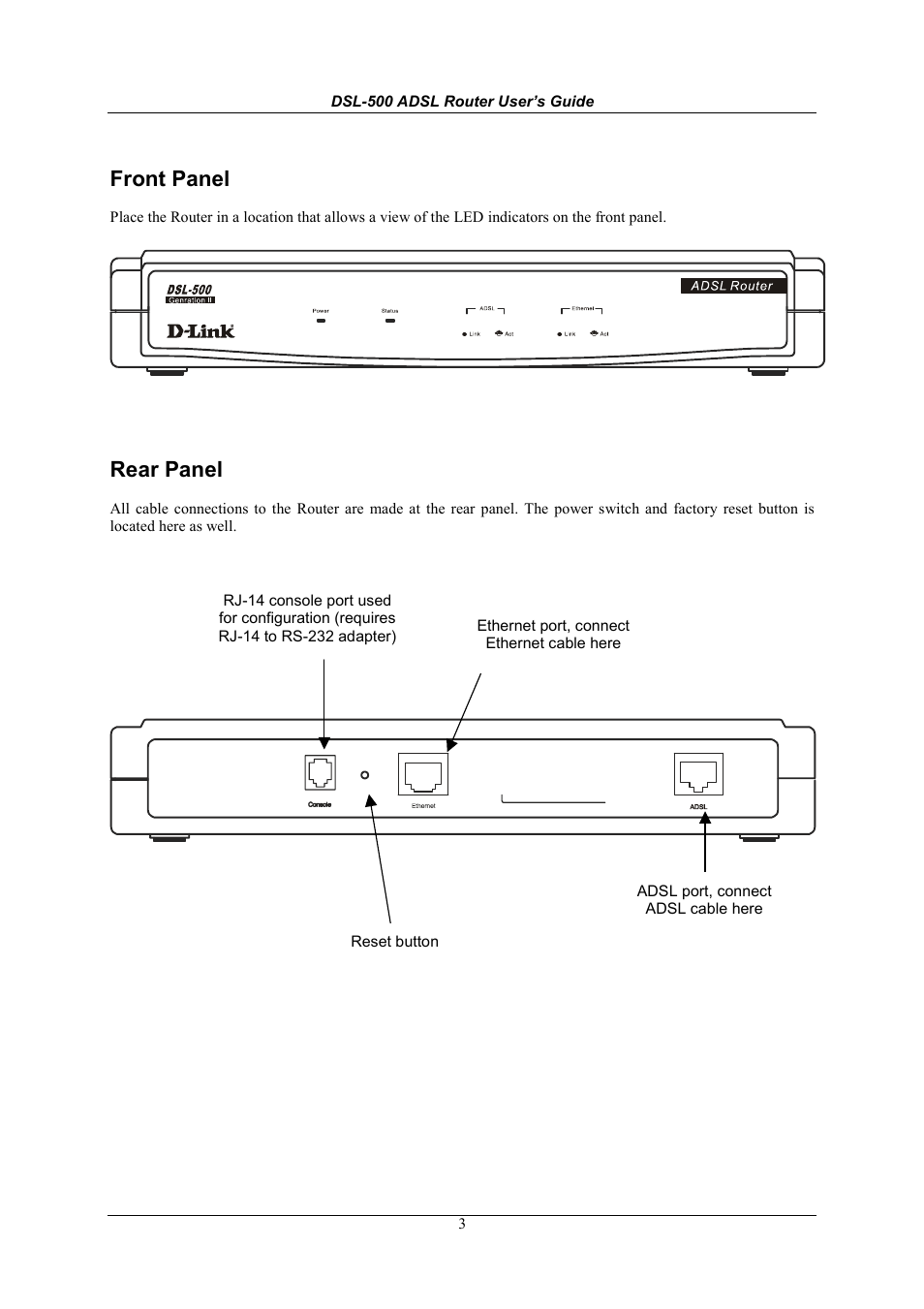 Front panel, Rear panel | D-Link DSL-500 User Manual | Page 13 / 74