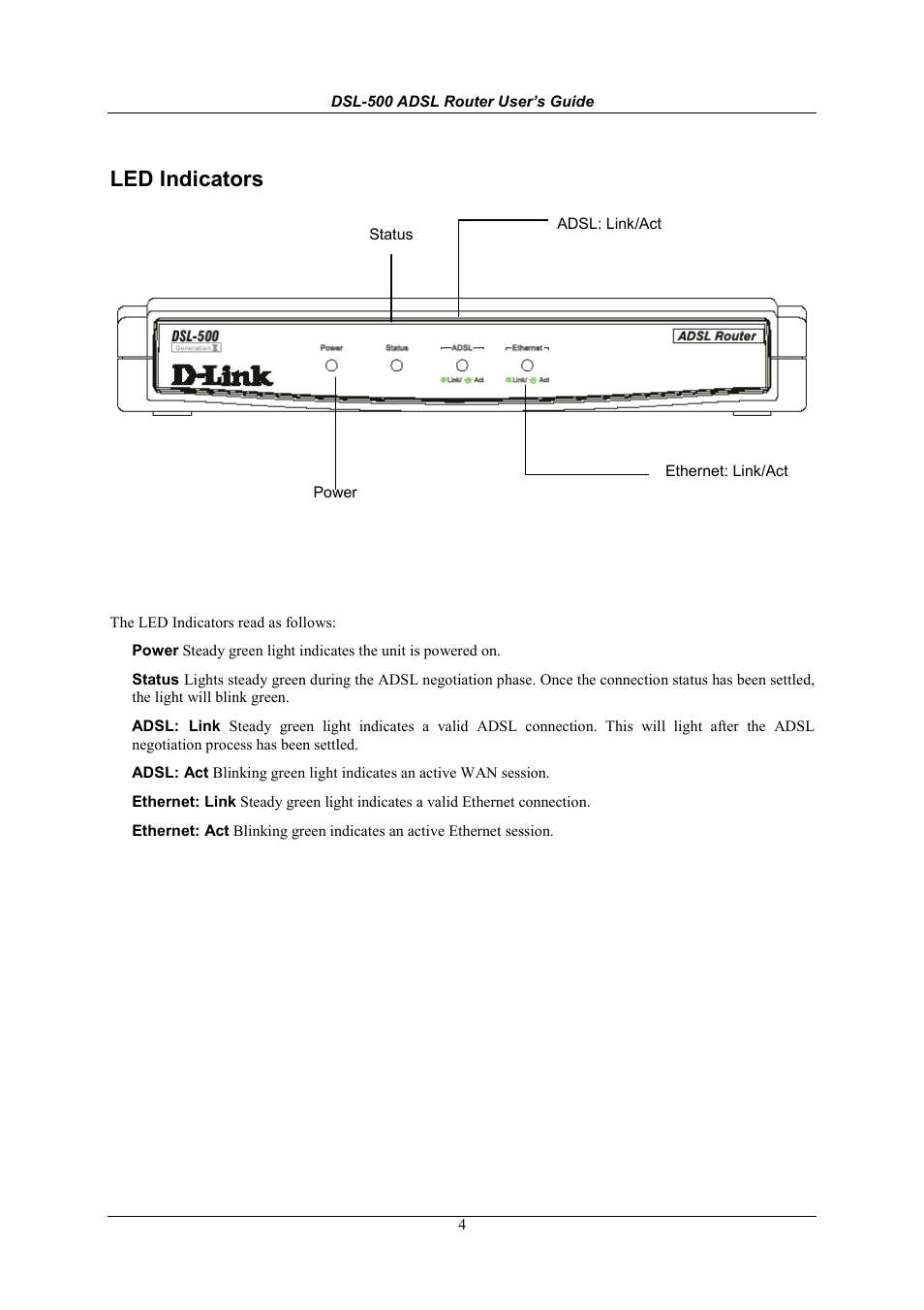 Led indicators | D-Link DSL-500 User Manual | Page 14 / 74
