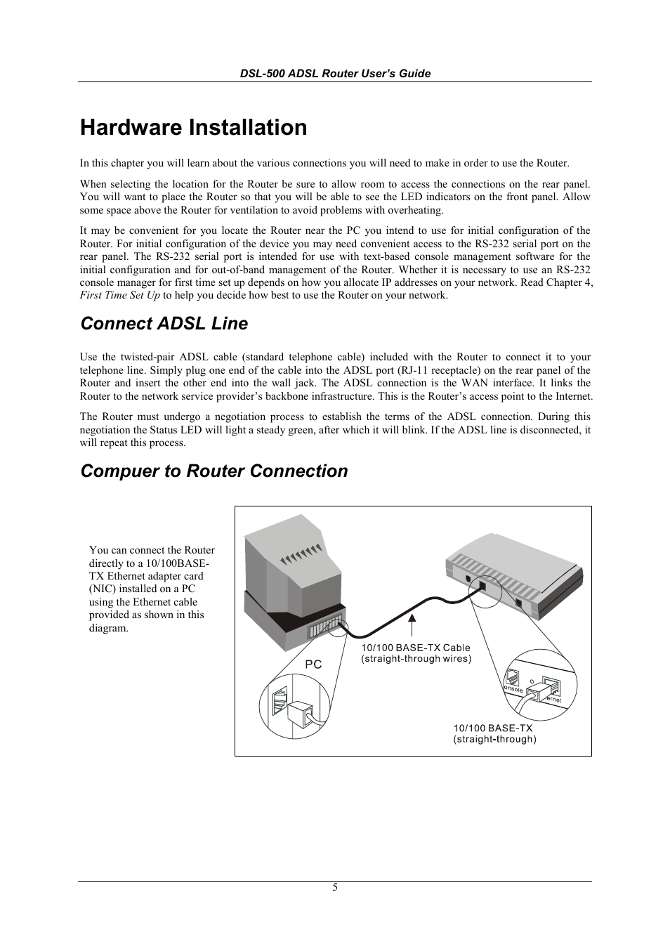 Hardware installation, Connect adsl line, Compuer to router connection | D-Link DSL-500 User Manual | Page 15 / 74