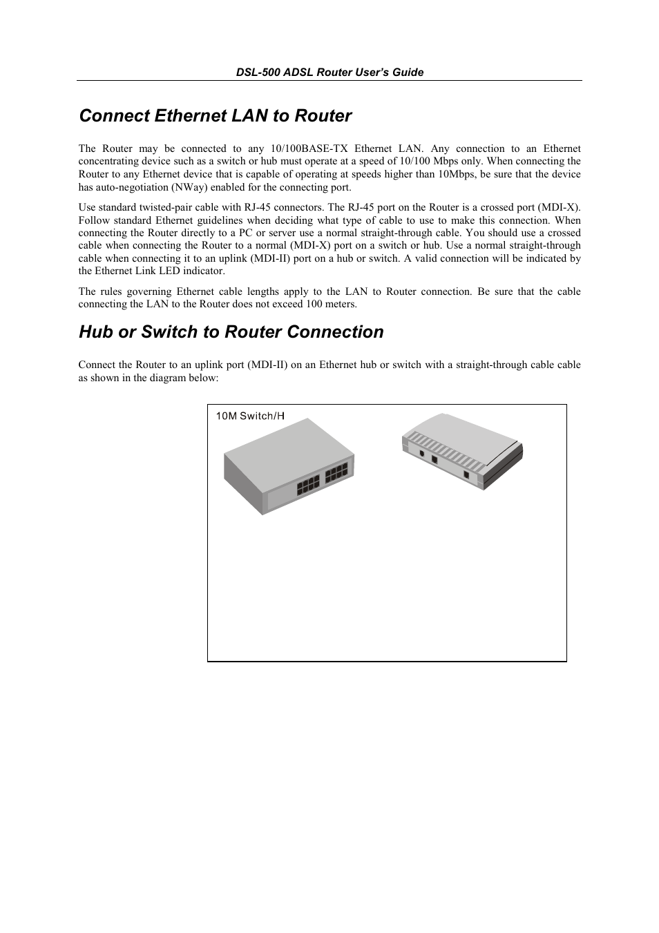 Connect ethernet lan to router, Hub or switch to router connection | D-Link DSL-500 User Manual | Page 16 / 74