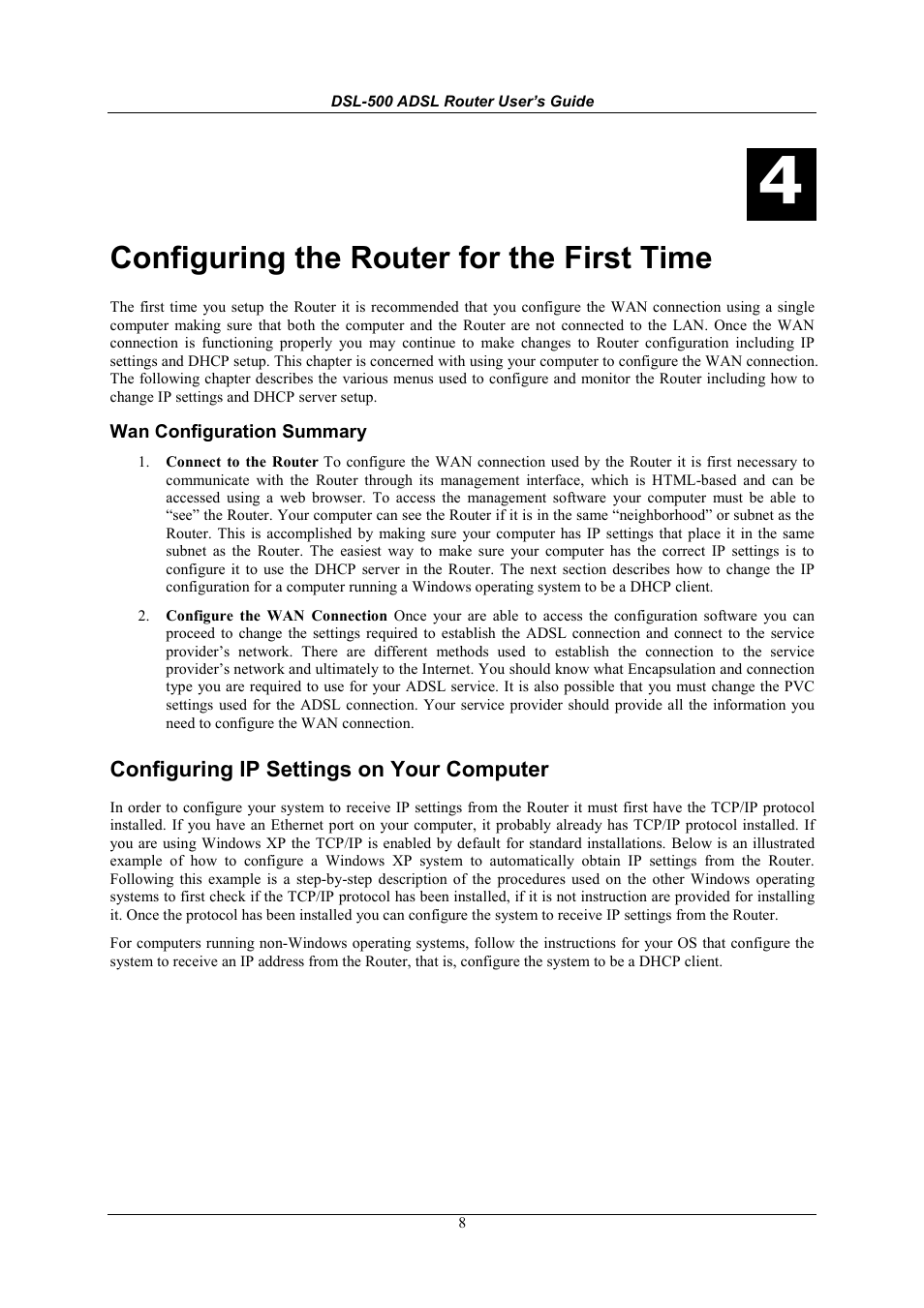 Configuring the router for the first time, Configuring ip settings on your computer | D-Link DSL-500 User Manual | Page 18 / 74