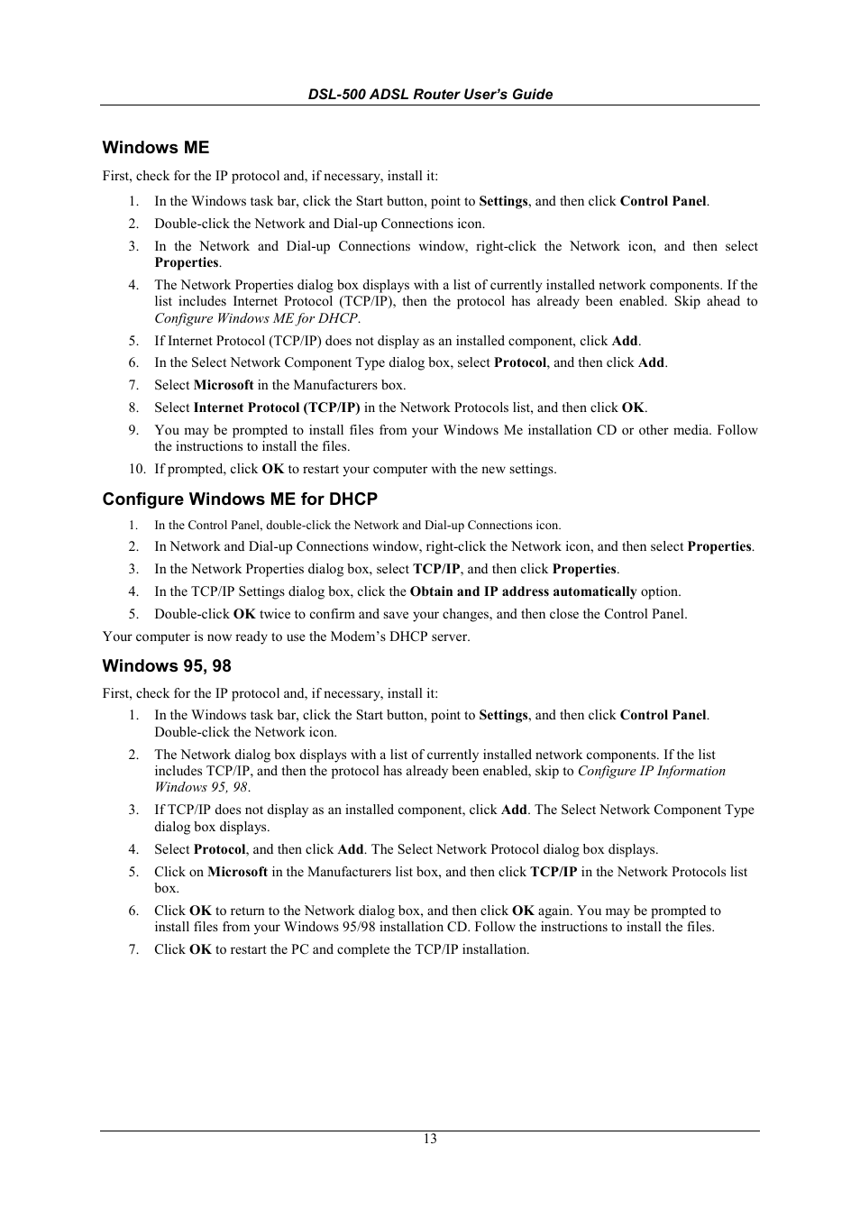 Windows me, Configure windows me for dhcp, Windows 95, 98 | D-Link DSL-500 User Manual | Page 23 / 74