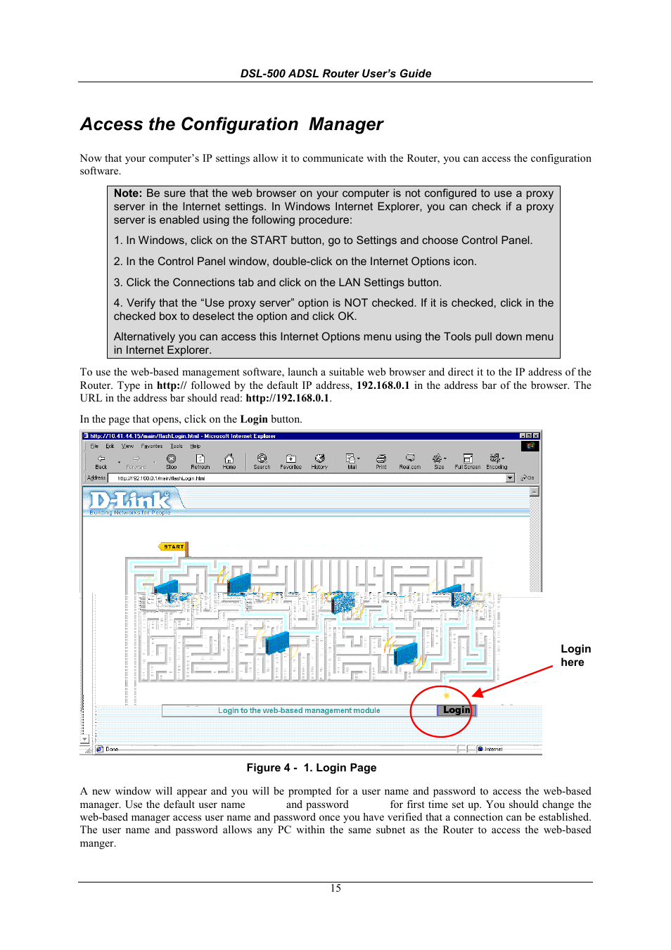 Access the configuration manager | D-Link DSL-500 User Manual | Page 25 / 74