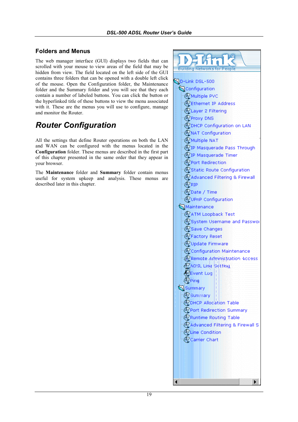 Folders and menus, Router configuration | D-Link DSL-500 User Manual | Page 29 / 74